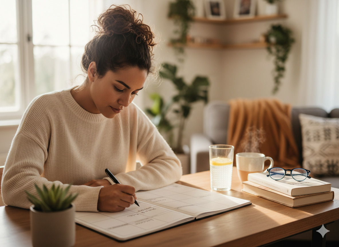 Person planning their weekly wellness routine at a desk